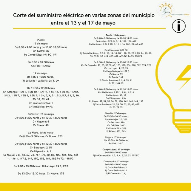 Corte del suministro eléctrico en varias zonas del municipio entre el 13 y el 17 de mayo - 1, Foto 1