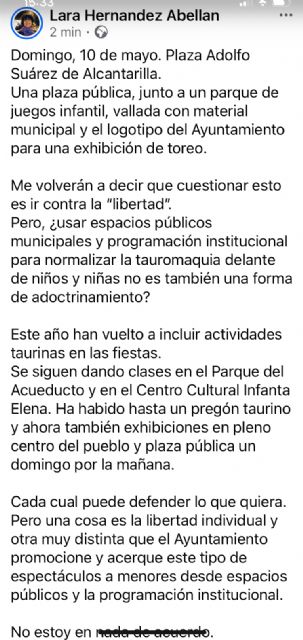 Lara Hernández critica que el ayuntamiento de Alcantarilla promocione actividades taurinas en espacios públicos junto a zonas infantiles - 3, Foto 3