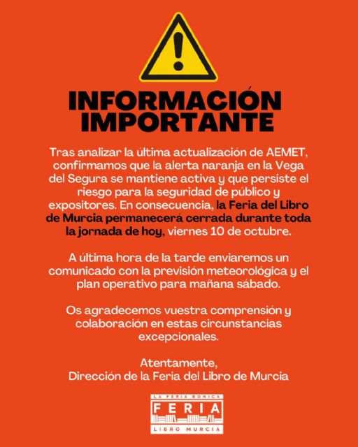 La Feria del Libro de Murcia cancela todos los actos de la tarde del viernes por la alerta naranja - 1, Foto 1