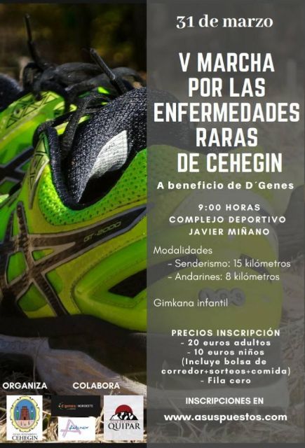 El próximo 31 de marzo tendrá lugar la V Marcha por las Enfermedades Raras de Cehegín, a beneficio de D´Genes - 1, Foto 1