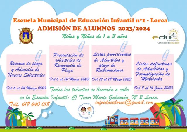 El Ayuntamiento de Lorca convoca el procedimiento de admisión de alumnos en la Escuela Municipal de Educación Infantil N° 1 para el Curso Escolar 2023/2024 - 1, Foto 1