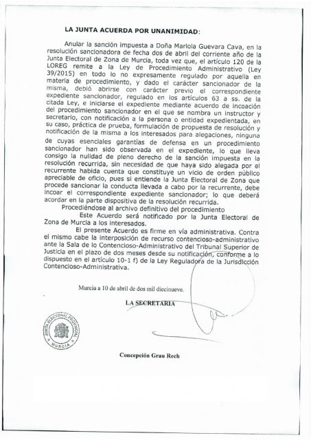 La Junta Electoral da la razn a Mariola Guevara y anula la sancin provocada por una denuncia del PP de Alhama, Foto 1