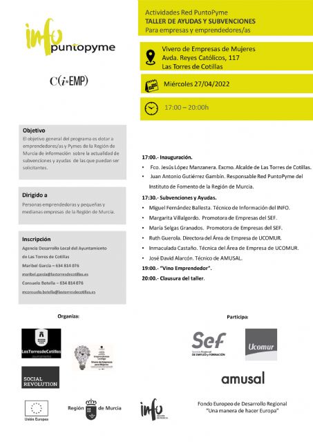 Las Torres de Cotillas informará sobre ayudas y subvenciones a PYMES y personas emprendedoras - 1, Foto 1