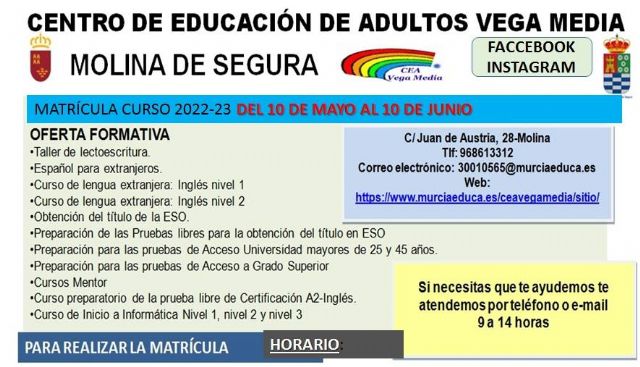 Abierto el plazo de solicitud de matrícula para el Centro Comarcal de Educación de Adultos Vega Media de Molina de Segura hasta el día 10 de junio - 1, Foto 1