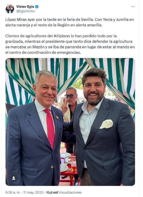 Podemos denuncia que López Miras estaba en la Feria de Sevilla en plena alerta naranja por tormentas - 1, Foto 1