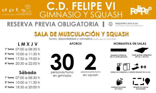 El Complejo Deportivo Felipe VI reanuda las actividades dirigidas y reabre la sala de musculación y las pistas de squash, este viernes - 1, Foto 1