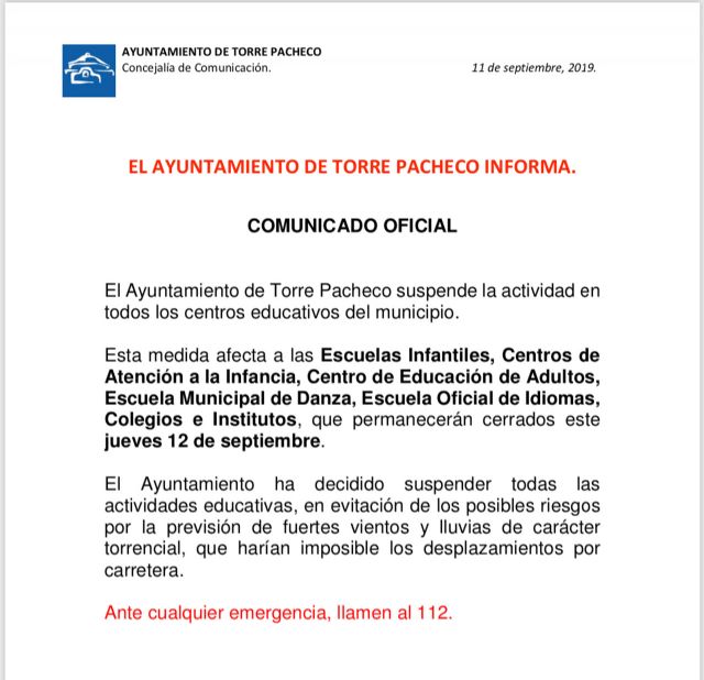 Se suspenden las clases el jueves 12 de septiembre en Torre Pacheco - 1, Foto 1