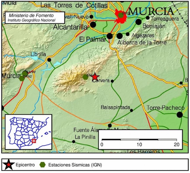 Movimiento sísmico de magnitud 2,8 en las proximidades de Corvera, término municipal de Murcia