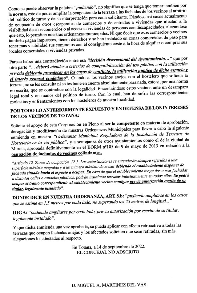 Comunicado de Miguel A. Martinez, concejal no adscrito, sobre las terrazas de los locales de hostelería en Totana, Foto 3