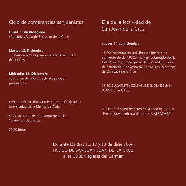 Programan una serie de actos con motivo de la festividad de San Juan de la Cruz - 1, Foto 1