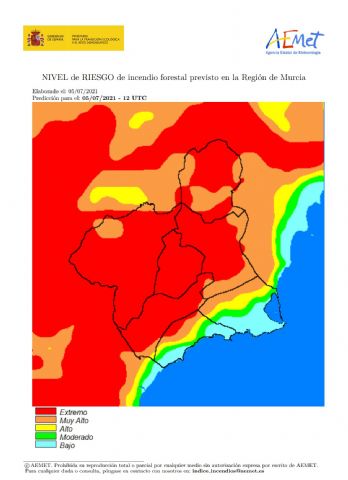 El nivel de riesgo de incendio forestal previsto para hoy lunes es EXTREMO en el interior de la Región de Murcia - 1, Foto 1