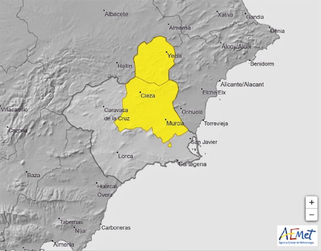 Aviso amarillo de fenómenos meteorológicos adversos por lluvias y tormentas en Altiplano y Vega del Segura para el lunes 		 - 1, Foto 1