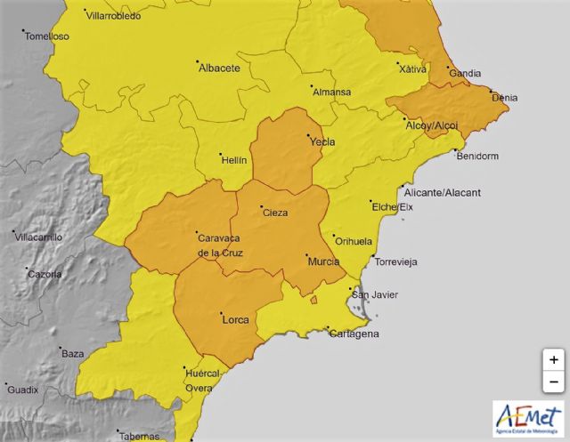 Avisos naranjas y amarillo de fenómenos meteorológicos adversos por lluvias y tormentas en toda la Región de Murcia para mañana, Foto 1