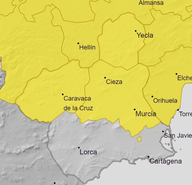 Aviso amarillo de fenómenos meteorológicos adversos por lluvias y tormentas para mañana en la Región de Murcia - 1, Foto 1