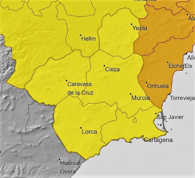 La Agencia Estatal de Meteorología actualiza para hoy su avisos de nivel amarillo por lluvias y tormentas en la Región de Murcia