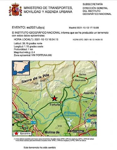 El Instituto Geográfico Nacional informa de movimiento sísmico de magnitud 2.4 en el Noroeste de Fortuna - 1, Foto 1