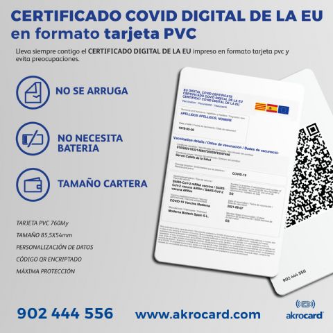 La empresa Akrocard 2000 SL imprime los Certificados Digitales Covid de la UE en formato tarjeta de P.V.C - 1, Foto 1