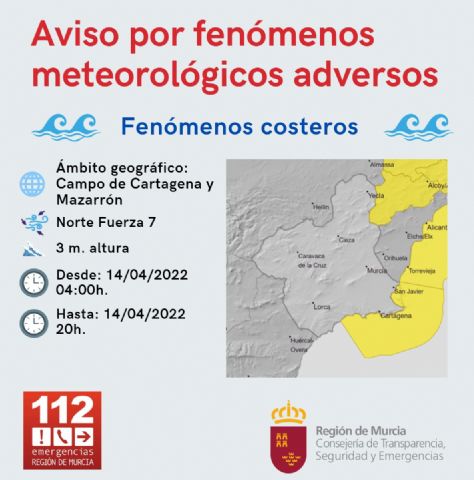 La Agencia Estatal de Meteorología emite para el jueves boletín de aviso amarillo de fenómenos costeros en la Región de Murcia - 1, Foto 1
