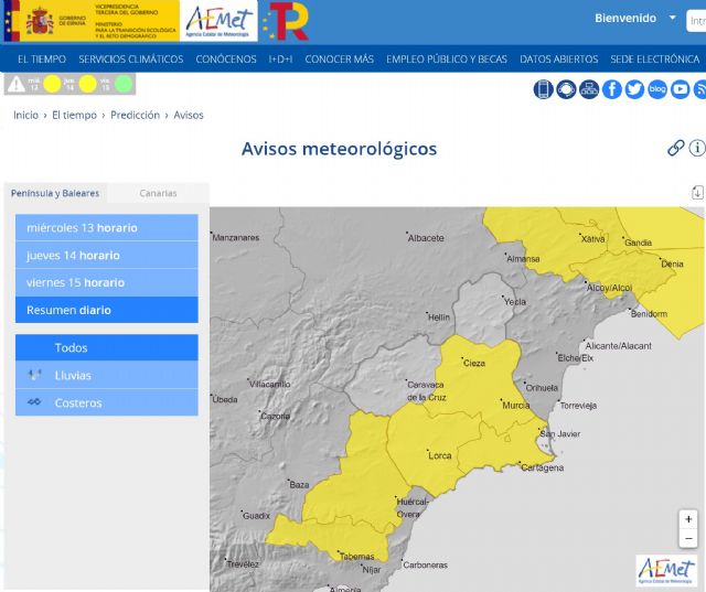 Aviso amarillo por lluvias hoy miércoles en la mayor parte de la Región de Murcia