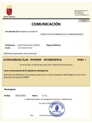 La Dirección General de Seguridad Ciudadana y Emergencias activa el PLAN INUNMUR en Nivel 1 - 1, Foto 1