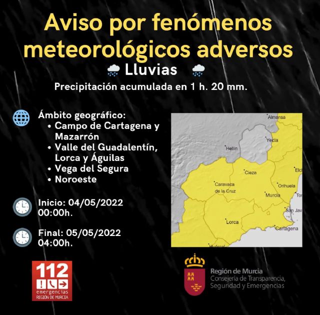 Avisos amarillos de fenómenos meteorológicos adversos por lluvias y fenómenos costeros para la Región de Murcia