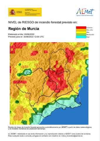 El nivel de riesgo de incendio forestal previsto para hoy jueves es extremo en la Vega Alta-Ricote-Murcia y muy alto en el Altiplano y la Cuenca de Mula - 1, Foto 1