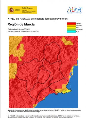 El nivel de riesgo de incendio forestal previsto para hoy, viernes es EXTREMO en toda la Región, excepto en el litoral, donde es muy alto - 1, Foto 1