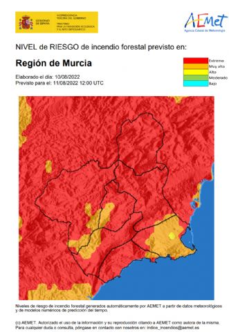 La Agencia Estatal de Meteorología establece el riesgo de incendio forestal para hoy en Extremo en la Región de Murcia excepto en el Litoral Este que es Muy Alto - 1, Foto 1