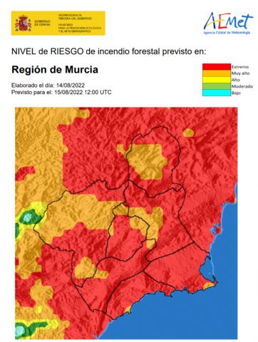 El riesgo de incendio forestal previsto para hoy 15 de agosto es EXTREMO en la mayor parte de la Región de Murcia