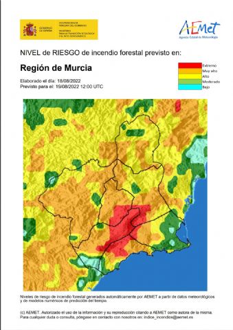 El nivel de riesgo de incendio forestal previsto para hoy 19 de agosto, es MUY ALTO en la mayor parte de la Región de Murcia