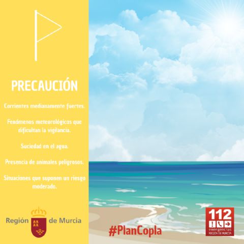 Los puestos de vigilancia de playas del Plan Copla abren hoy, miércoles 24 de agosto con 8 banderas amarillas, en playas de los municipios de Cartagena, San Javier y Águilas, resto bandera verde - 1, Foto 1