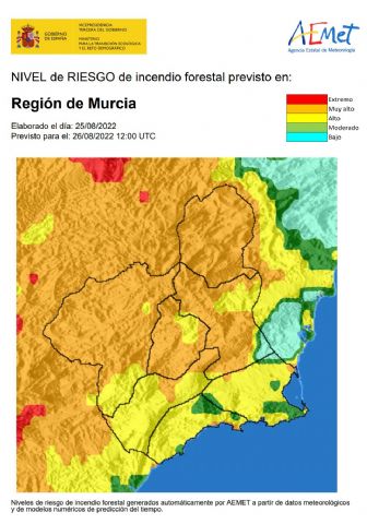 El Riesgo de incendio forestal previsto para hoy 26 de agosto es MUY ALTO ó ALTO en la Región de Murcia - 1, Foto 1