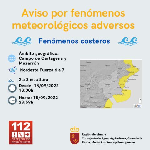 Meteorología mantiene aviso de fenómeno adverso nivel amarillo por fenómenos costeros en Campo de Cartagena-Mazarrón esta tarde - 1, Foto 1