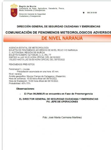 La Agencia Estatal de Meteorología emite un boletín de aviso, nivel naranja, de fenómenos adversos por lluvias en Campo de Cartagena y Mazarrón Región de Murcia - 1, Foto 1