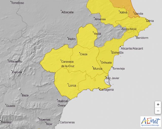 Meteorología sitúa toda la Región de Murcia en aviso amarillo el viernes día 11 por lluvias y tormentas