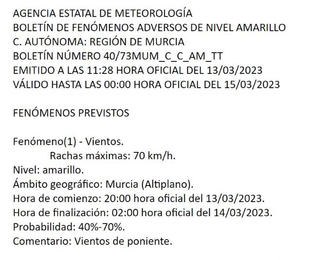 Meteorología sitúa en nivel amarillo de alerta por vientos a algunas zonas de la Región de Murcia - 1, Foto 1