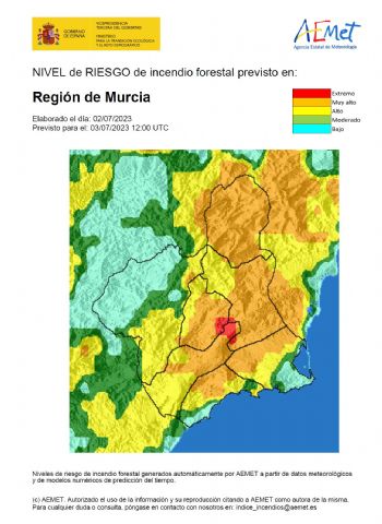 El riesgo de incendio foresta previsto para hoy 3 de julio es MUY ALTO en la mayor parte de la Región de Murcia - 1, Foto 1