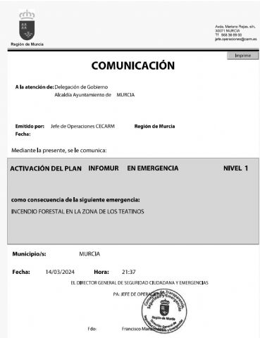 Efectivo adscrito al Plan Infomur extingue un conato de incendio forestal declarado a las 20:43 de ayer en la pedanía murciana de Algezares - 1, Foto 1