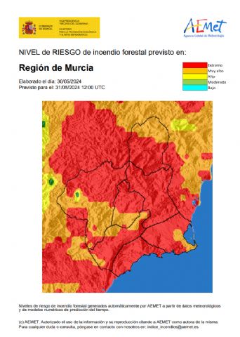 El nivel de riesgo de incendio forestal previsto para hoy viernes es EXTREMO en toda la Región de Murcia - 1, Foto 1