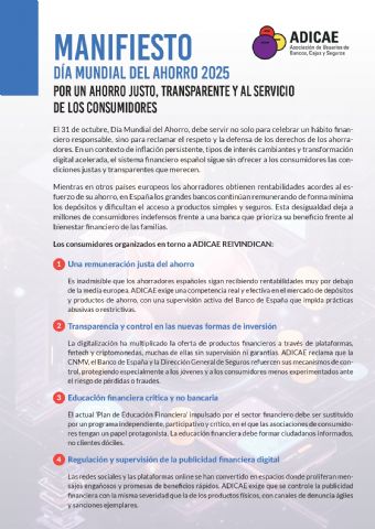 En el Día Mundial del Ahorro, ADICAE reivindica un ahorro justo, transparente y al servicio de los consumidores - 1, Foto 1