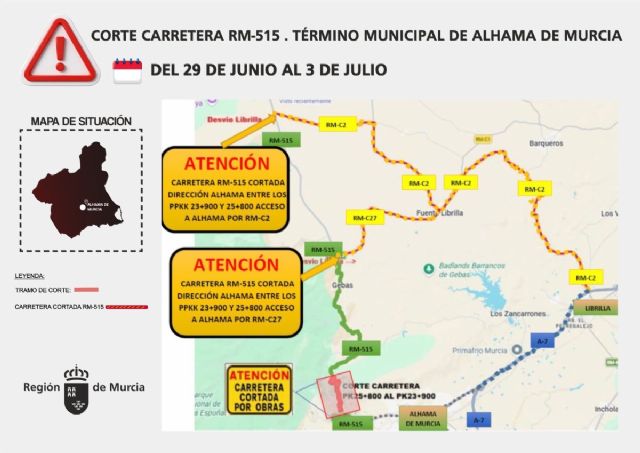 La Comunidad Aut�noma cortar� al tr�fico un tramo de la RM-515 en El Berro del 29 de junio al 3 de julio por trabajos de poda y saneo del arbolado