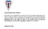 El Club Olímpico de Totana convoca a los socios/as a la Asamblea General Ordinaria que tendrá lugar el próximo 5 de julio