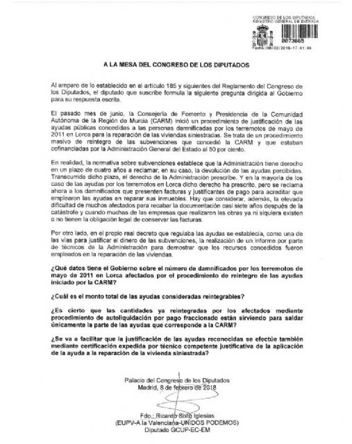 IU lleva la problemática de la devolución de las ayudas por los terremotos de Lorca al Congreso de los Diputados - 1, Foto 1