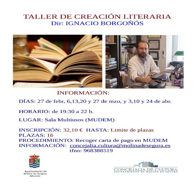 La Concejalía de Cultura de Molina de Segura organiza un Taller de Creación Literaria del 27 de febrero al 24 de abril - 1, Foto 1