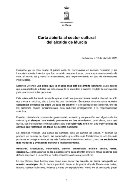 El alcalde de Murcia declara la cultura como actividad esencial en una carta abierta dirigida al sector - 1, Foto 1
