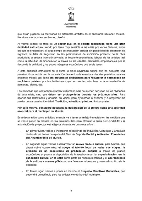 El alcalde de Murcia declara la cultura como actividad esencial en una carta abierta dirigida al sector - 2, Foto 2