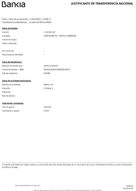 El equipo de Gobierno del PP en el Ayuntamiento de Puerto Lumbreras dona 1.100 euros a la cuenta solidaria para la compra de alimentos y material sanitario - 1, Foto 1