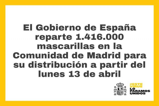 El Gobierno de España reparte 1.416.000 mascarillas en la Comunidad de Madrid para su distribución a partir de mañana - 1, Foto 1