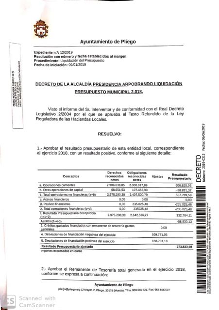 El Ayuntamiento de Pliego finalizó 2018 con una buena situación económica logrando un superávit de más de 270.000€ - 1, Foto 1