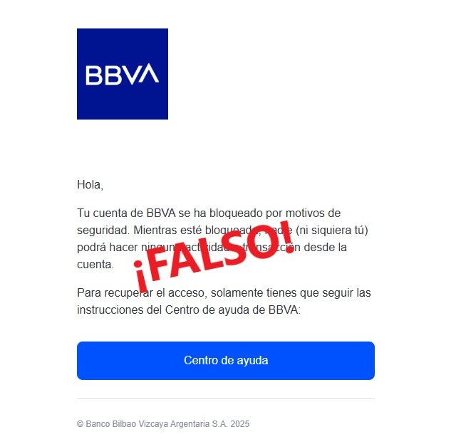CONSUMUR alerta de un correo electrónico fraudulento, que suplanta al BBVA y nos informa que nuestra cuenta ha sido bloqueada - 1, Foto 1